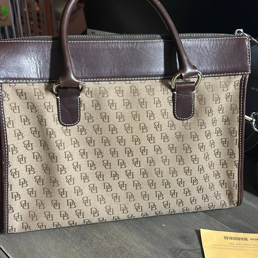 Dooney &‎ Bourke Double Pocket Tote - Signature Monogram Tan & Brown